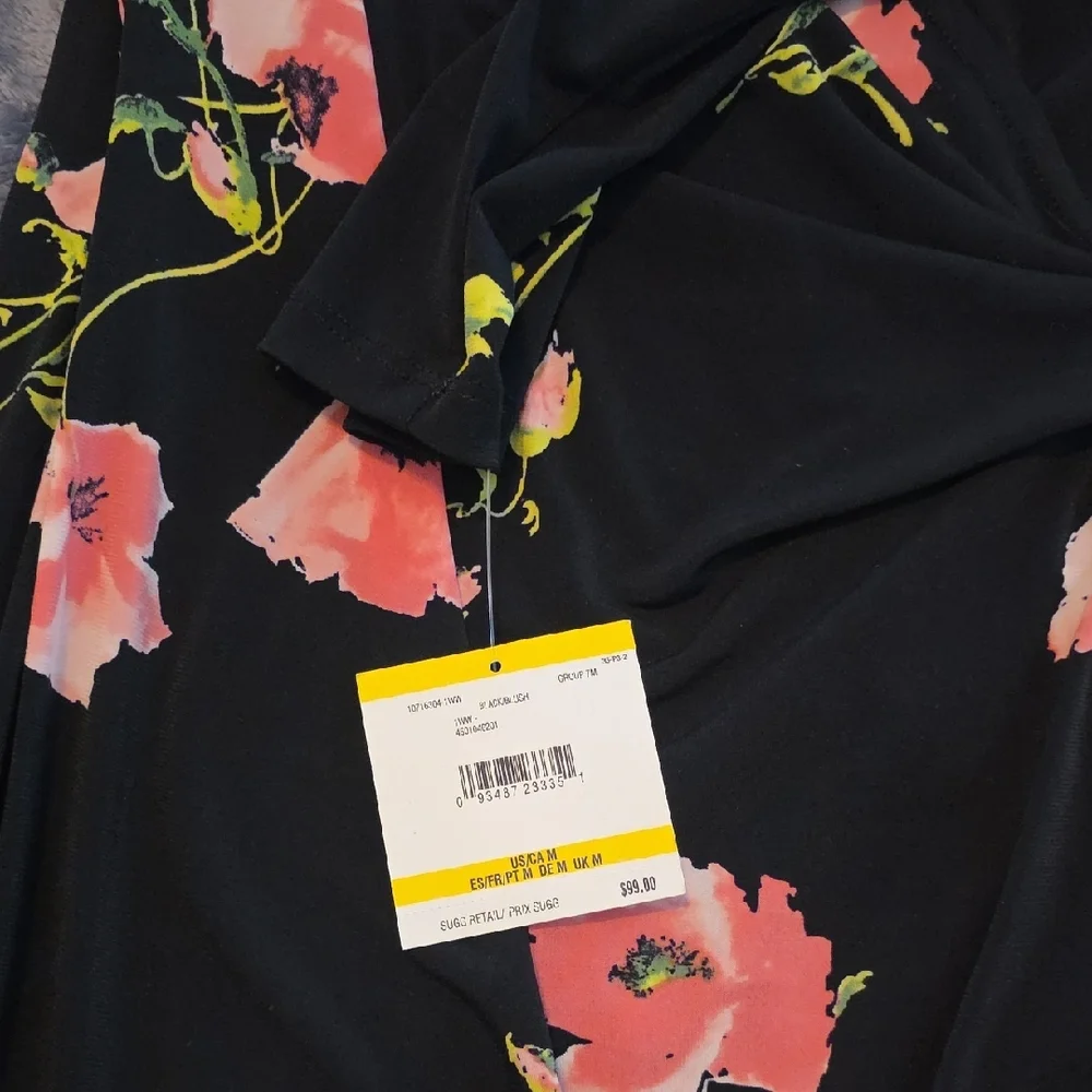 Anne Klein Black Midi Wrap Dress with Coral Floral Print - Picture 2 of 5